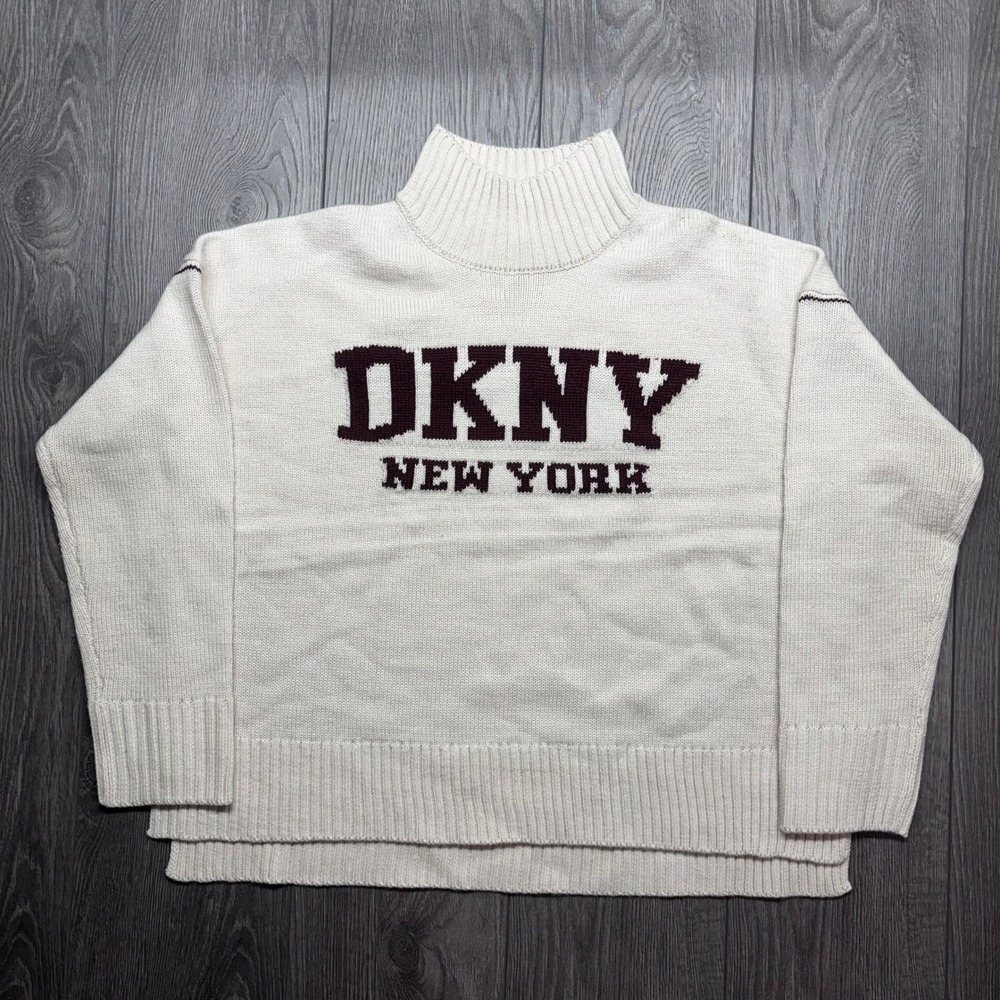 DKNY Jeans Womens Mock Neck Logo Sweater Cream Burgundy Knit Size Medium